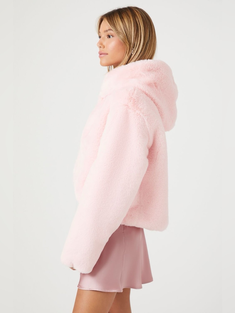 Forever 21 Pink Faux-Fur Hooded Jacket - Women's Cozy Coat